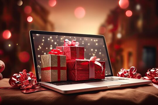 Online sales and shopping concept. Online buying Christmas gifts. Christmas gifts on the laptop screen.