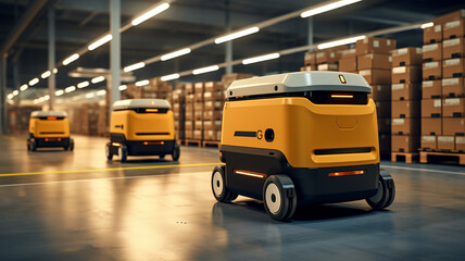 AGV (Automated Guided Vehicle) in warehouse logistic and transport. Empty space body vehicle for mockup. Generative AI