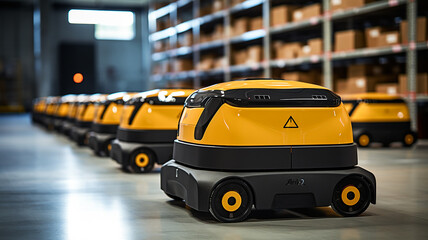 AGV (Automated Guided Vehicle) in warehouse logistic and transport. Empty space body vehicle for mockup. Generative AI