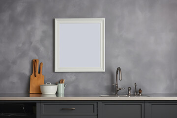 Mock up poster frame in kitchen interior on empty grey color wall background. Generative AI
