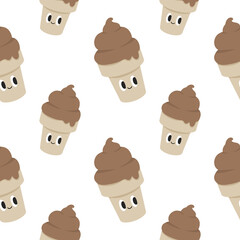 cute kawaii chocolate Ice cream cones groovy retro seamless pattern background print for fabric, paper, T-shirt. Aesthetic background for decor and design.