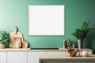 Mock up poster frame in kitchen interior on empty green color wall background. Generative AI