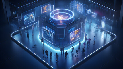 people standing around a futuristic display with a glowing light Generative AI