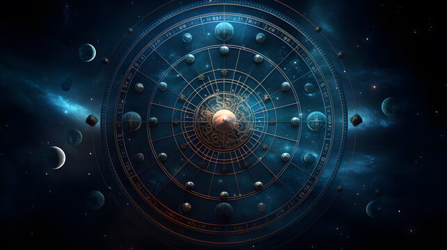 there is a clock with a sun and planets in the background Generative AI