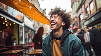 Model capturing a candid moment of laughter, set against a lively street market background.