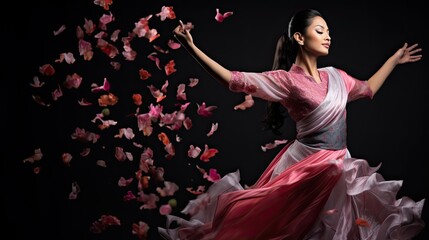 Model gracefully performing a traditional Asian dance move, set in a studio with floating petals around