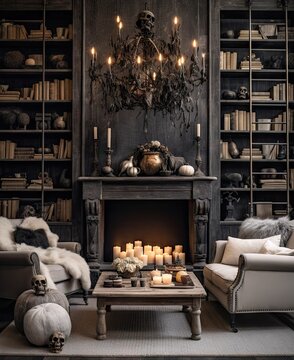 a living room with two couches, a coffee table and candles in the middle of the room there is a fireplace