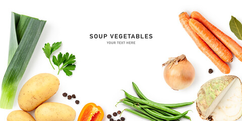Soup vegetables frame border isolated on white background.