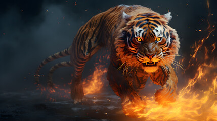 tiger walking through a fire with bright yellow eyes Generative AI