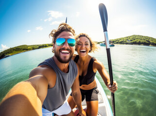 happy couple taking a selfie on a stand up paddle board - obrazy, fototapety, plakaty