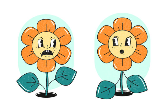 Frightened, offended groovy flowers. Halloween. Funny spooky emotional daisies
are arguing. Retro style. Isolated vector illustration. Hippie 60s, 70s style