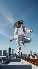 Dynamic shot of a model in a streetwear outfit, captured mid-jump on a city rooftop, with skyline in the background
