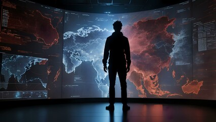  person standing in front of a giant digital screen with a flow of data showing various cyber threats and vulnerabilities  - obrazy, fototapety, plakaty