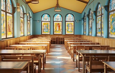 Fototapeta premium the inside of a church with stained glass windows and wooden pewed benches on either side of the altars
