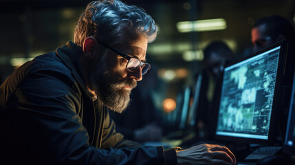 An older technology expert, confidently troubleshooting a complex network issue while surrounded by screens and cables.