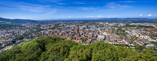 Freiburg im Breisgau. View over the roofs of the old town with Freiburg Cathedral....