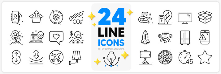 Icons set of Resilience, Selfie stick and Send box line icons pack for app with Monitor, Scroll down, Cyber attack thin outline icon. Airplane mode, Share call, Rocket pictogram. Vector