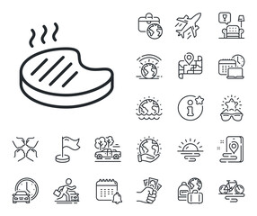 Barbecue meat food sign. Plane jet, travel map and baggage claim outline icons. Grilled steak line icon. Hot grill salmon symbol. Grilled steak line sign. Car rental, taxi transport icon. Vector