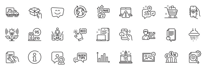 Icons pack as Currency rate, Quick tips and Shower line icons for app include Bid offer, Search file, Grocery basket outline thin icon web set. Success business, Device, Health app pictogram. Vector
