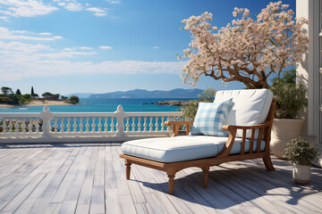 Veranda decorated with deck chairs and umbrella with an ocean view