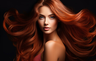 Fototapeta premium Beautiful model girl with long red hair on a black background