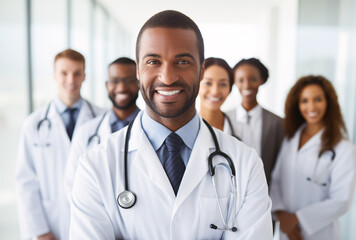 Fototapeta premium Portrait of a black doctor standing in front of other doctors