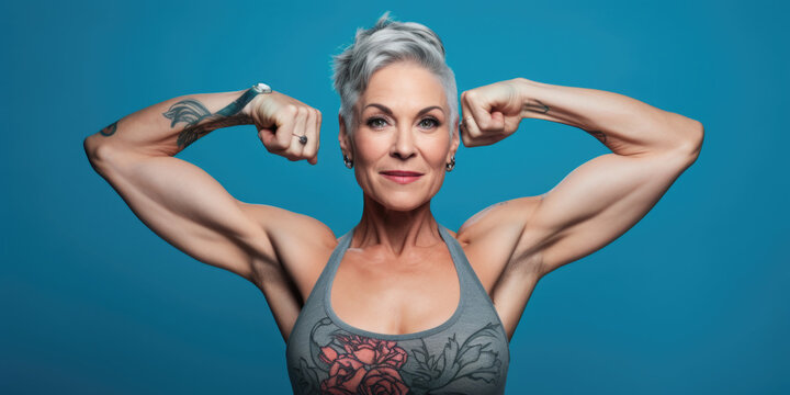 A portrait of an middle aged beautiful woman who promotes a healthy lifestyle and a good line and muscles even at age