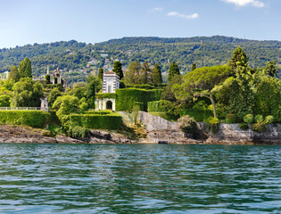 Fototapeta na wymiar Italian Isola Bella - beautiful island is one of the Borromean Islands on the Italian lake Lago Maggiore, 400 meters north of Stresa. Italy. 