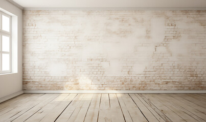 Spacious loft-inspired chamber featuring a generous window. Contemporary decor with wooden flooring and exposed brick walls