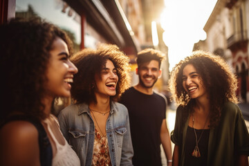 Lifestyle and friendship concept. Multi ethnic guys and girls spending time together. Happy life style friendship concept. Young multicultural people having fun time together in city. Generative AI