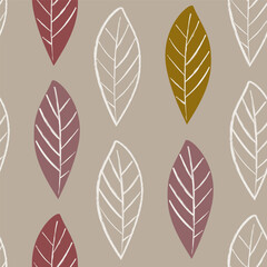 Vertical seamless pattern of simple line contour stylized leaves. Modern pattern in earthy colors on a light gray background. Geometric repeat print for wallpaper, home textile, curtains, fabric.