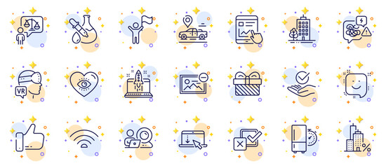 Outline set of Augmented reality, Chemistry experiment and Internet report line icons for web app. Include Meditation eye, Remove image, Video conference pictogram icons. Start business. Vector