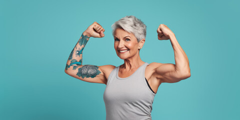 A portrait of an middle aged beautiful woman who promotes a healthy lifestyle and a good line and muscles even at age