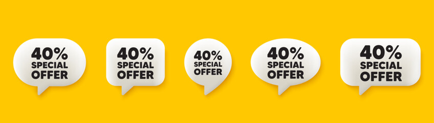 40 percent discount offer tag. 3d chat speech bubbles set. Sale price promo sign. Special offer symbol. Discount talk speech message. Talk box infographics. Vector