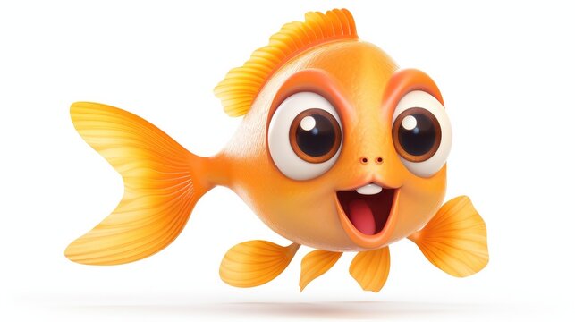 An orange fish with big eyes and a big smile on a white background. Generative AI.