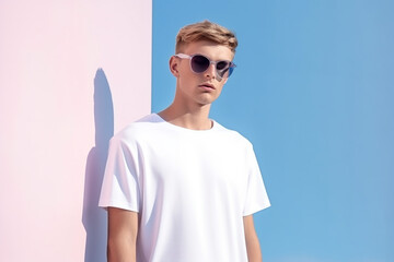 Fashion, lifestyles, commercials concept. Young and gorgeous man portrait wearing white t-shirt. Bright and muted colors, youth style. Blank white t-shirt with copy space. Generative AI