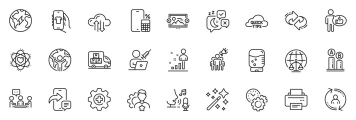 Icons pack as Refresh, Electricity and Quick tips line icons for app include Image carousel, Magistrates court, Atom outline thin icon web set. Cloud sync, Magic wand. Refresh outline sign. Vector