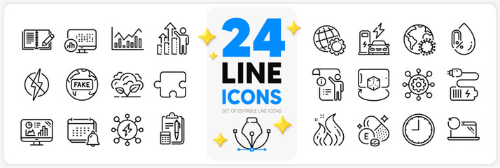 Icons set of Notification, Feedback and Report statistics line icons pack for app with Co2 gas, Puzzle, Manual doc thin outline icon. Framework, Recovery laptop, Time pictogram. Vector