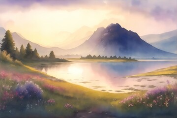 Morning sunset on the higland lake. AI generated illustration