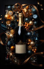 Fototapeta na wymiar In the festive context, Christmas ornaments shine vividly against the black background, and the sight of champagne and wine evokes the warmth of the season.