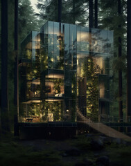 Fototapeta na wymiar A big modern light glass house in a forest filled with trees