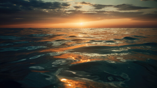 Spectacular abstract image of a scenic calm ocean, sunrise sky reflecting in the water. Sunset and natural.