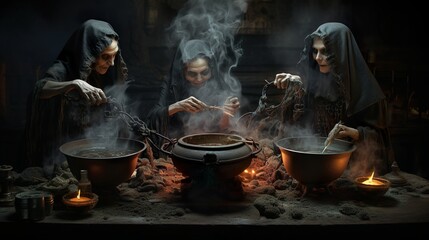 Helloween: Creepy witches brewing potions  - obrazy, fototapety, plakaty