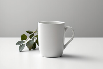 White ceramic cup mockup with a white background. On the table is a white coffee cup. Generative AI