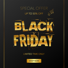 Black Friday Sale banner on dark elegant background with golden elements and text