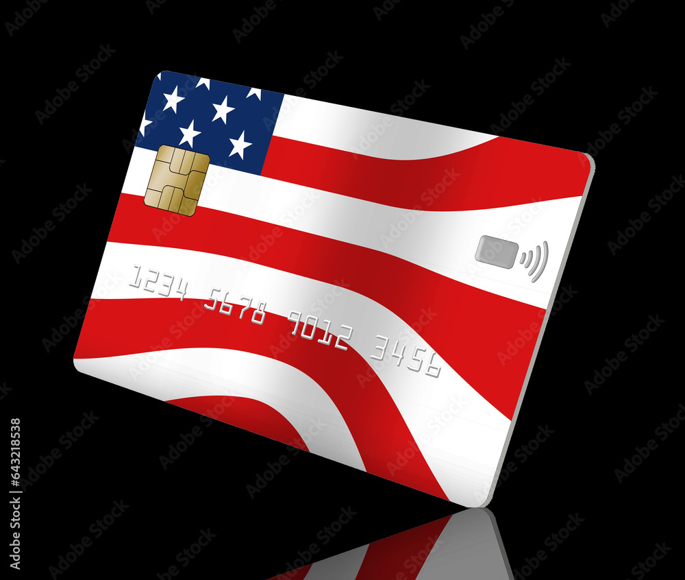 Sticker a credit card is decorated with the stars and stripes of the flag of the usa in a 3-d illustration a