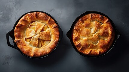 two pot pies in cast iron skill pans on a dark grey background with copy space to the left