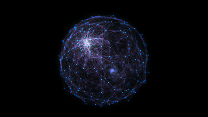 Abstract blue sphere on black background. Wireframe circle structure with glowing particles and lines. Futuristic digital illustration. 3D rendering.