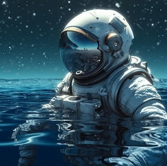 Astronaut is floating in the ocean in the space