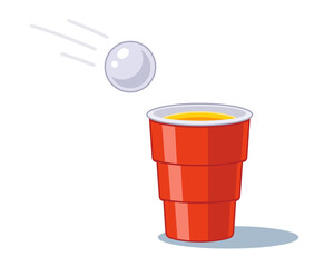 beer pong game for adults. red cup with white balloon. flat vector illustration.